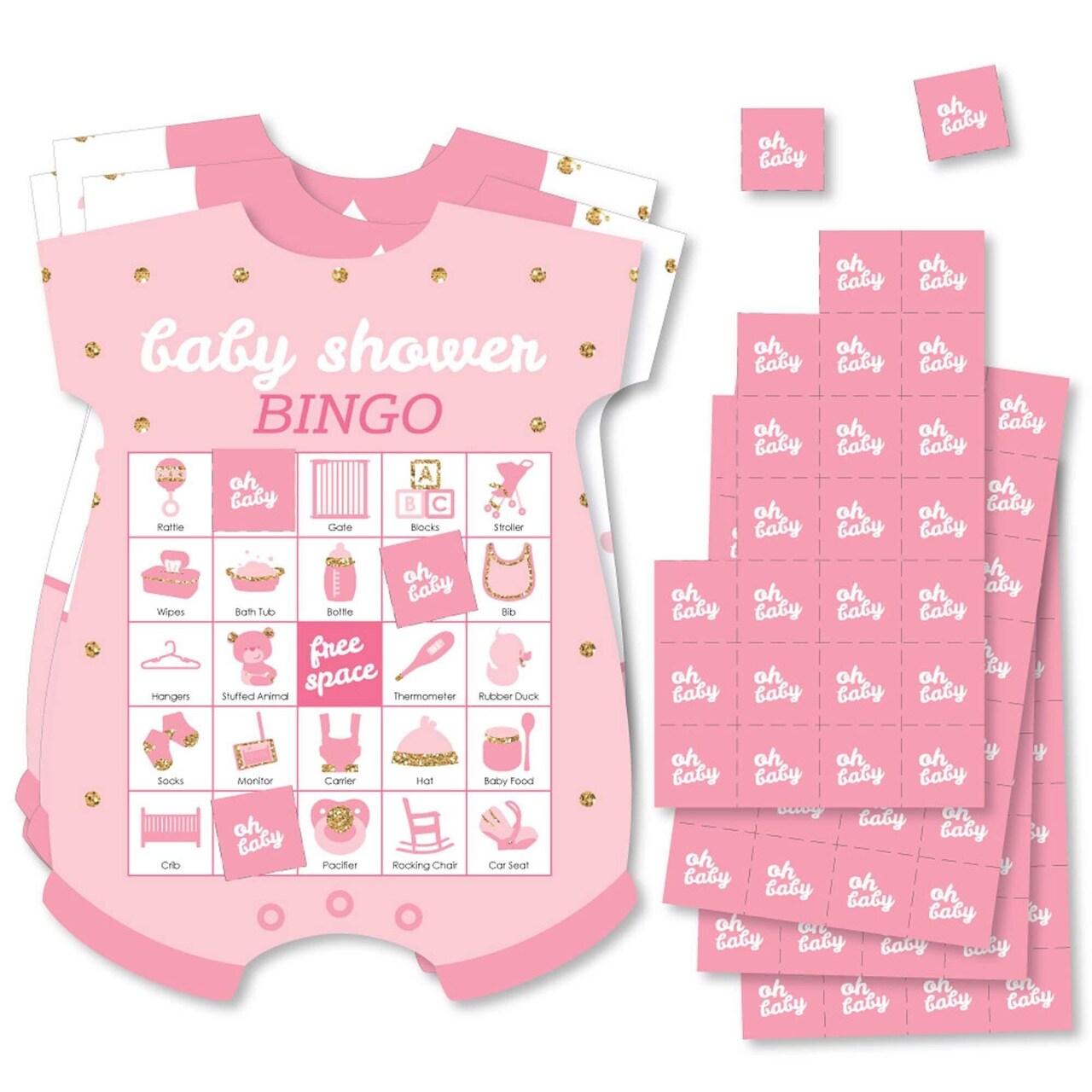 Big Dot of Happiness Hello Little One - Pink and Gold - Picture Bingo Cards and Markers - Girl Baby Shower Shaped Bingo Game - Set of 18